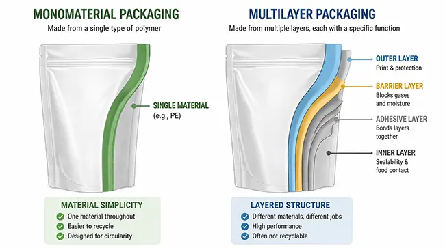 single-material packaging structure and a multilayer packaging structure