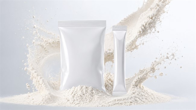 Powder sachet packaging with accurate filling and reliable sealing