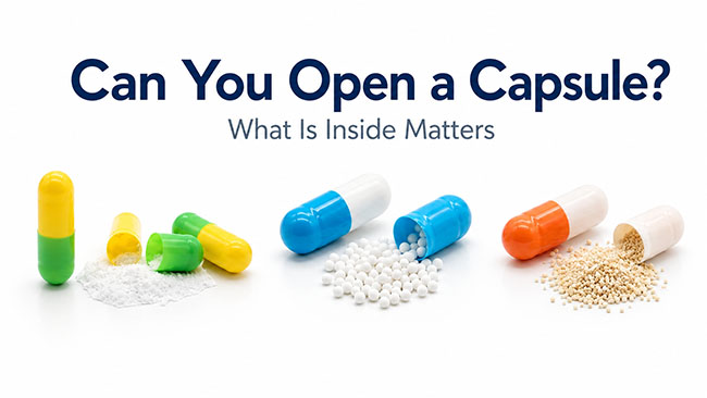 Open hard capsule with powder granules and pellets beside the shell