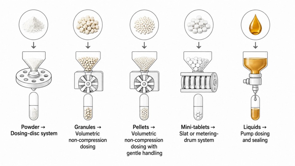 Capsule filling methods for powder, granules, pellets, mini-tablets, and liquids